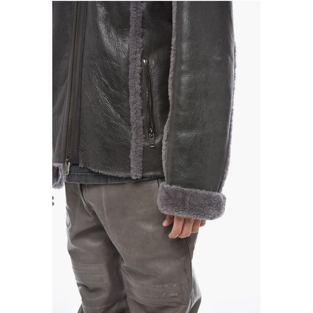 Vintage Effect Leather L-BROWNY Oversized Jacket with Fur De