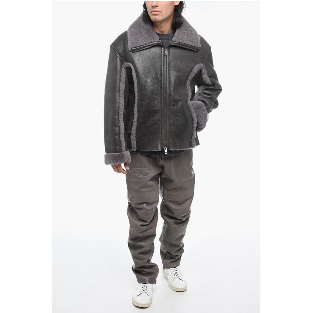 Vintage Effect Leather L-BROWNY Oversized Jacket with Fur De