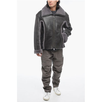 Vintage Effect Leather L-BROWNY Oversized Jacket with Fur De