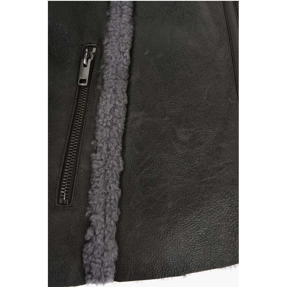Vintage Effect Leather L-BROWNY Oversized Jacket with Fur De