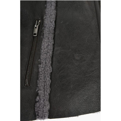 Vintage Effect Leather L-BROWNY Oversized Jacket with Fur De