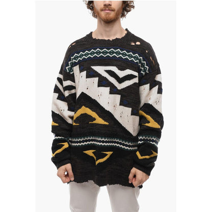 Distressed Jacquard Cashmere Blend Pullover with Crew Neck