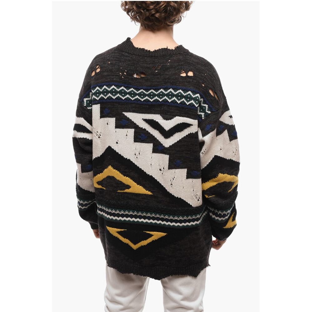 Distressed Jacquard Cashmere Blend Pullover with Crew Neck