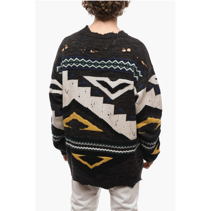 Distressed Jacquard Cashmere Blend Pullover with Crew Neck