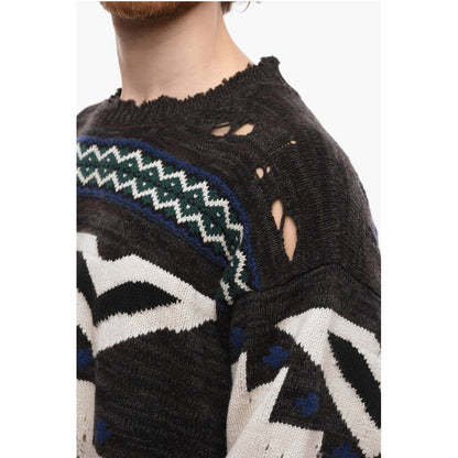 Distressed Jacquard Cashmere Blend Pullover with Crew Neck