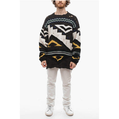 Distressed Jacquard Cashmere Blend Pullover with Crew Neck