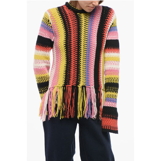 Fringed Bottom Crochet Sweater with Multicolor Motif