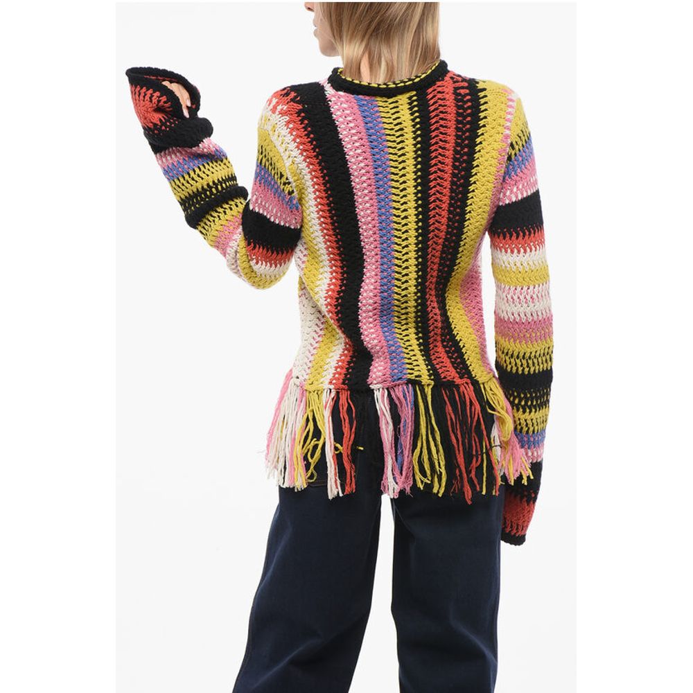 Fringed Bottom Crochet Sweater with Multicolor Motif