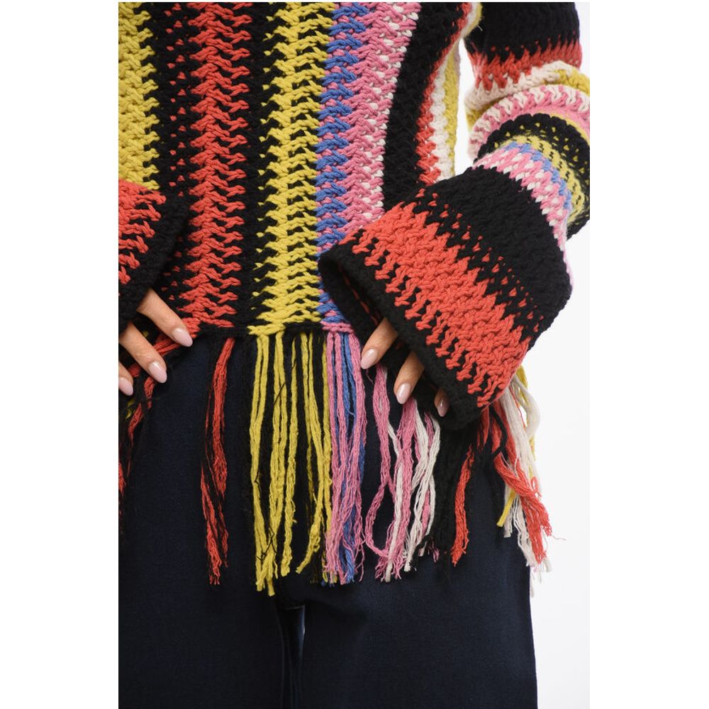 Fringed Bottom Crochet Sweater with Multicolor Motif