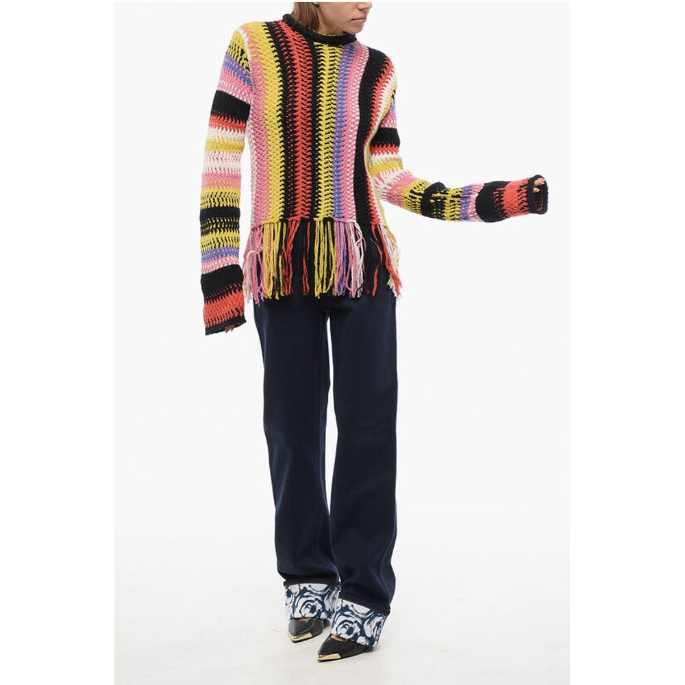 Fringed Bottom Crochet Sweater with Multicolor Motif
