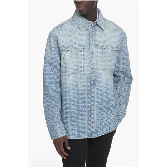 Denim Biker Jacket with Embossed Logo Pattern