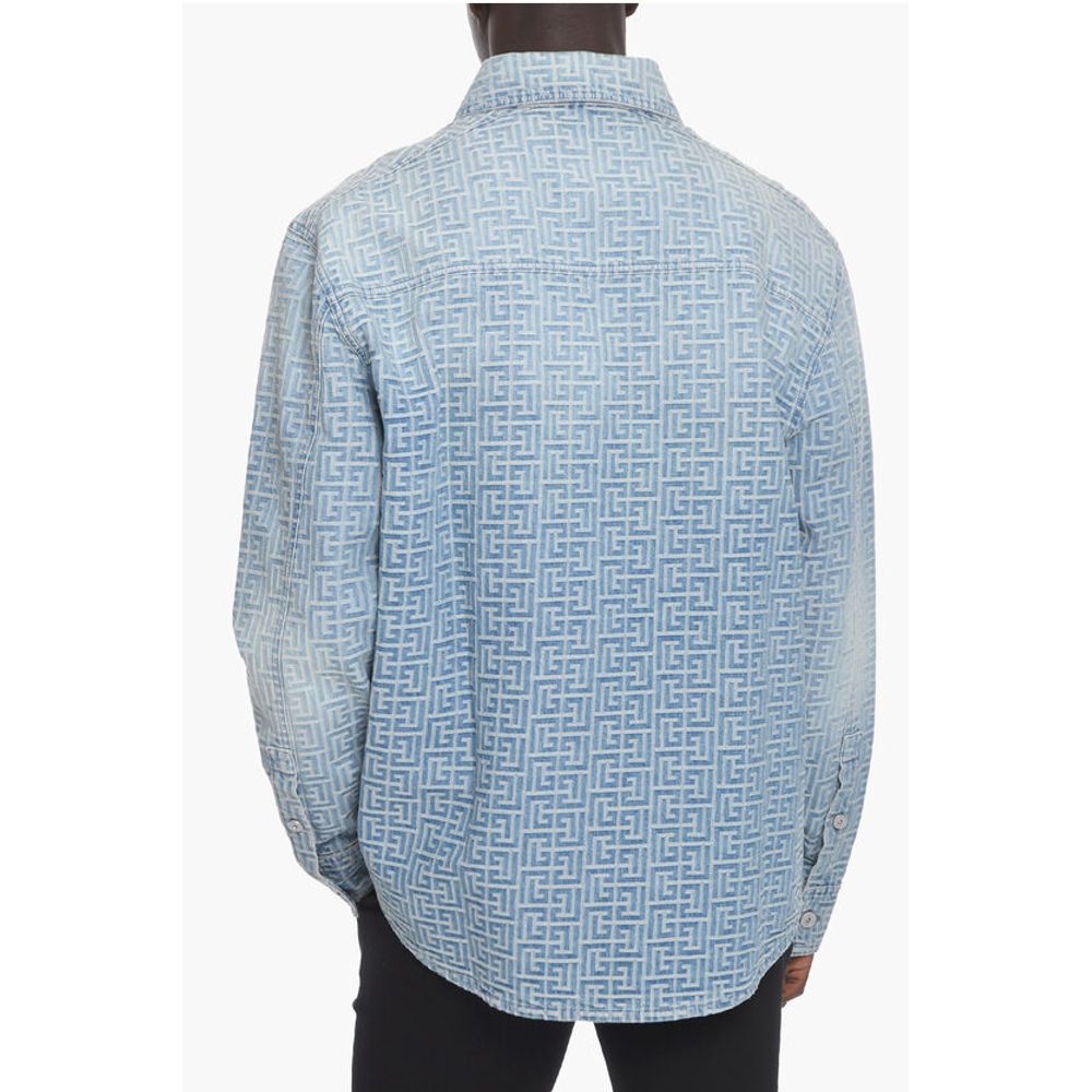 Denim Biker Jacket with Embossed Logo Pattern