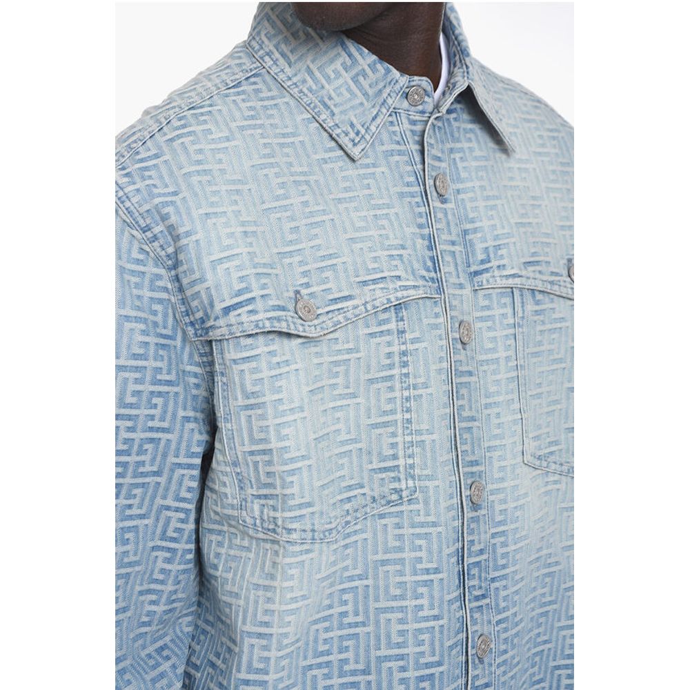 Denim Biker Jacket with Embossed Logo Pattern