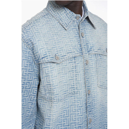 Denim Biker Jacket with Embossed Logo Pattern