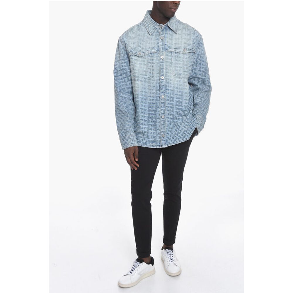 Denim Biker Jacket with Embossed Logo Pattern