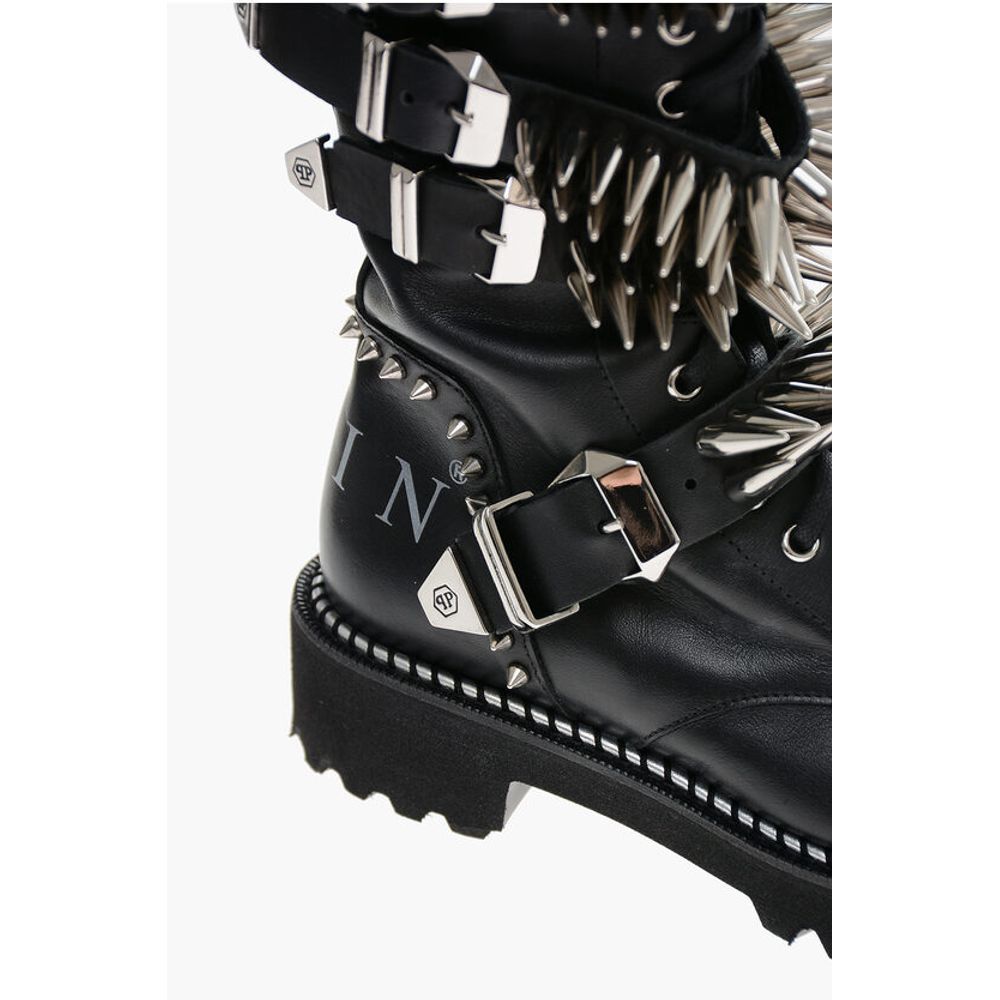 Leather Lace-up Boots with All-Over Studs 4.5cm