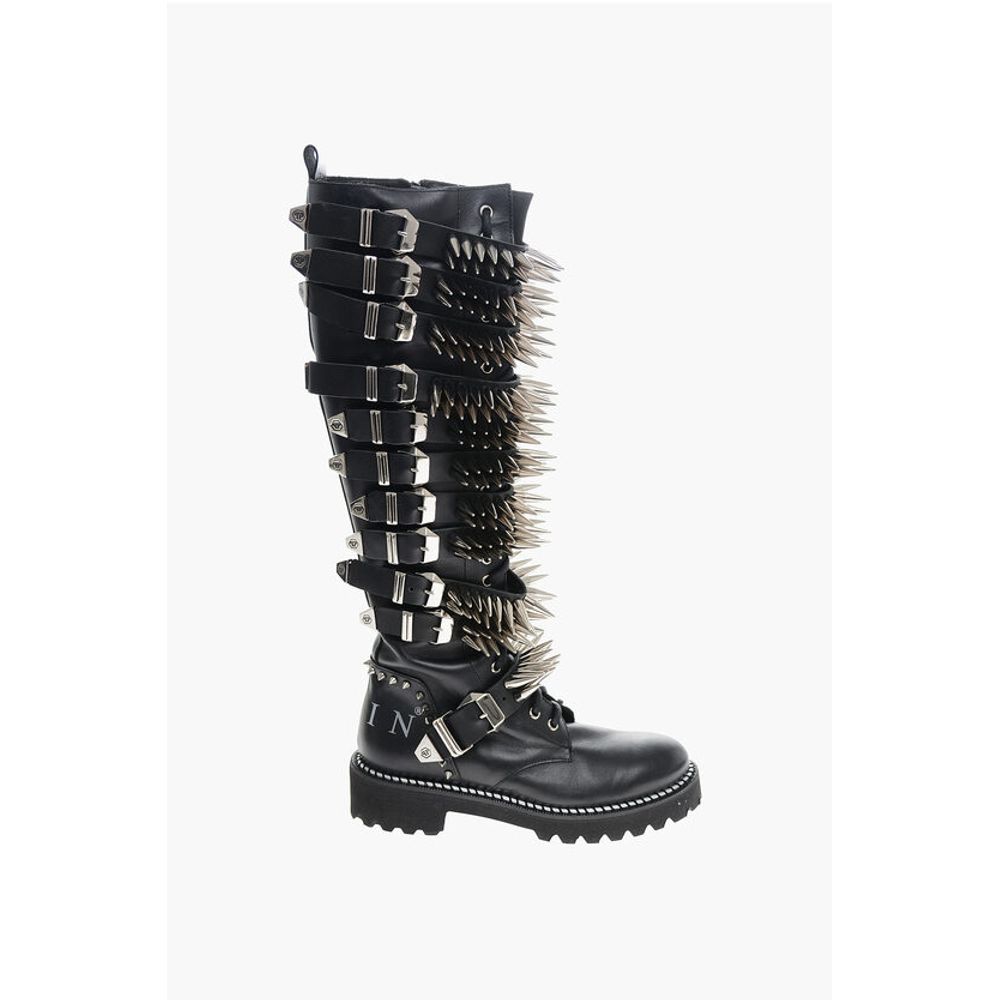 Leather Lace-up Boots with All-Over Studs 4.5cm