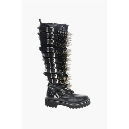 Leather Lace-up Boots with All-Over Studs 4.5cm