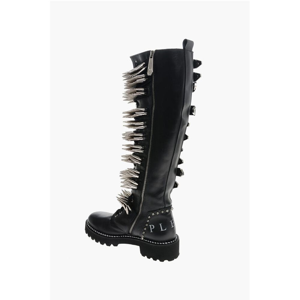 Leather Lace-up Boots with All-Over Studs 4.5cm
