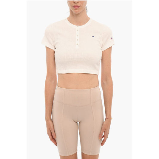 Ribbed Crew-neck Cropped T-Shirt with Front Buttoning