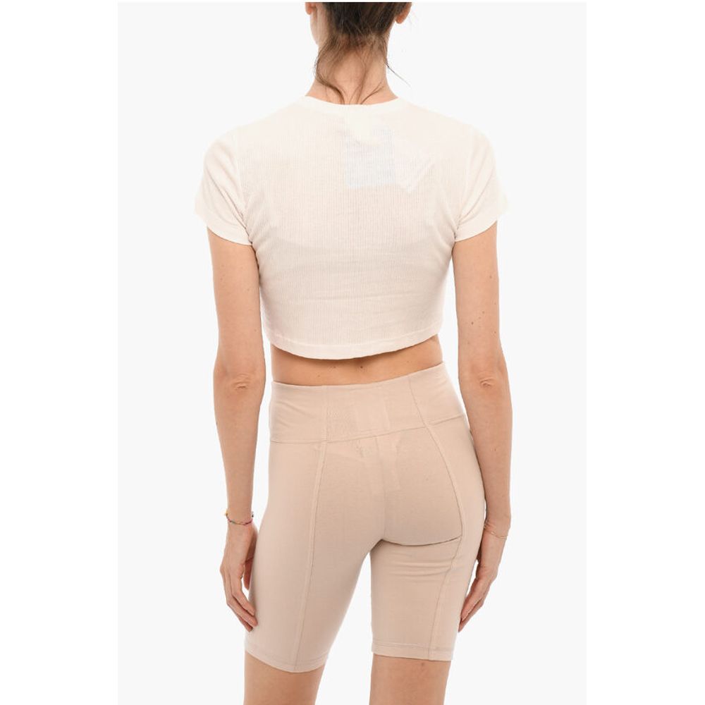 Ribbed Crew-neck Cropped T-Shirt with Front Buttoning