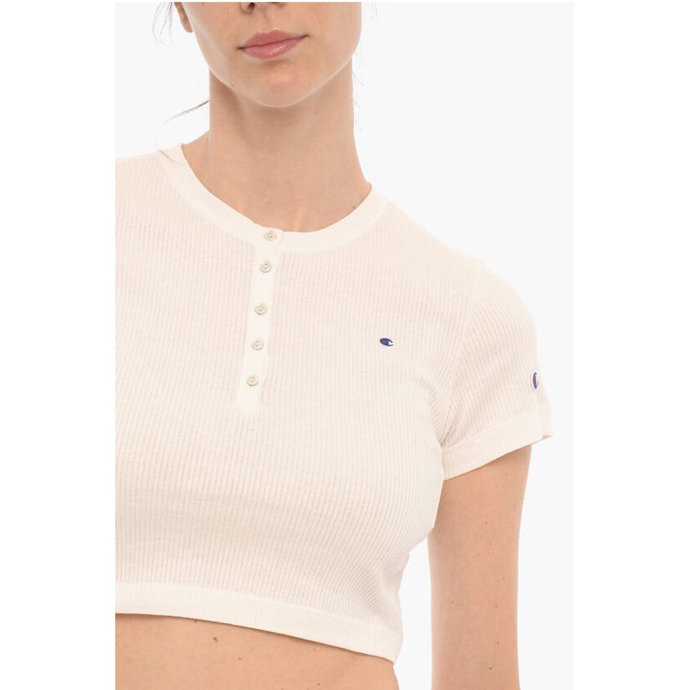 Ribbed Crew-neck Cropped T-Shirt with Front Buttoning