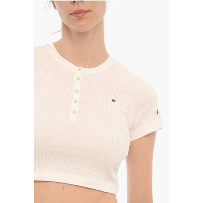 Ribbed Crew-neck Cropped T-Shirt with Front Buttoning