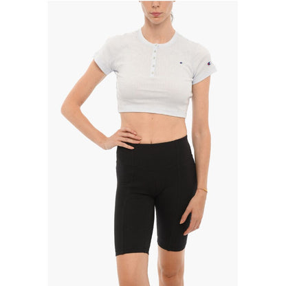 Ribbed Crew-neck Cropped T-Shirt with Front Buttoning