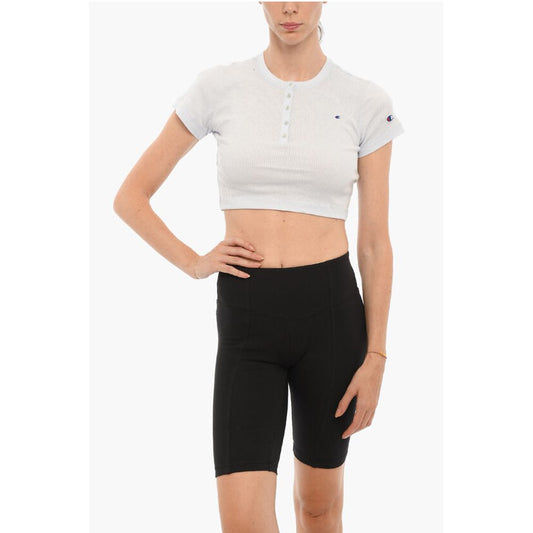 Ribbed Crew-neck Cropped T-Shirt with Front Buttoning