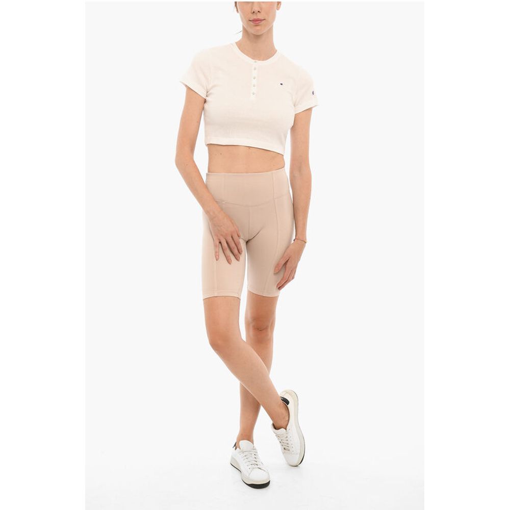 Ribbed Crew-neck Cropped T-Shirt with Front Buttoning