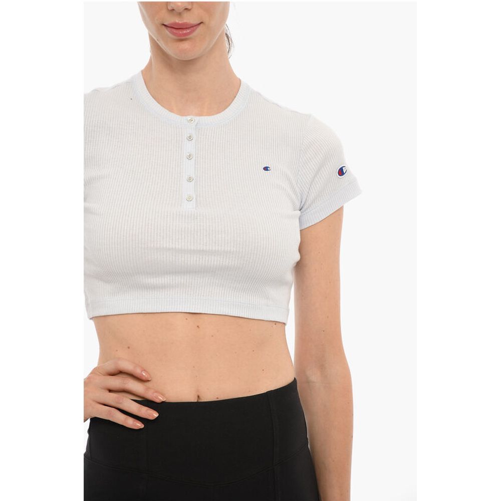 Ribbed Crew-neck Cropped T-Shirt with Front Buttoning