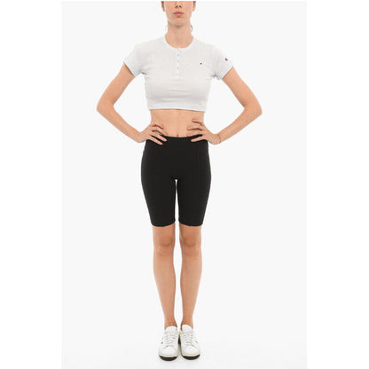 Ribbed Crew-neck Cropped T-Shirt with Front Buttoning