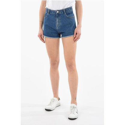 Dark-washed Denim Shorts with Fringed Hems and Lettering Log