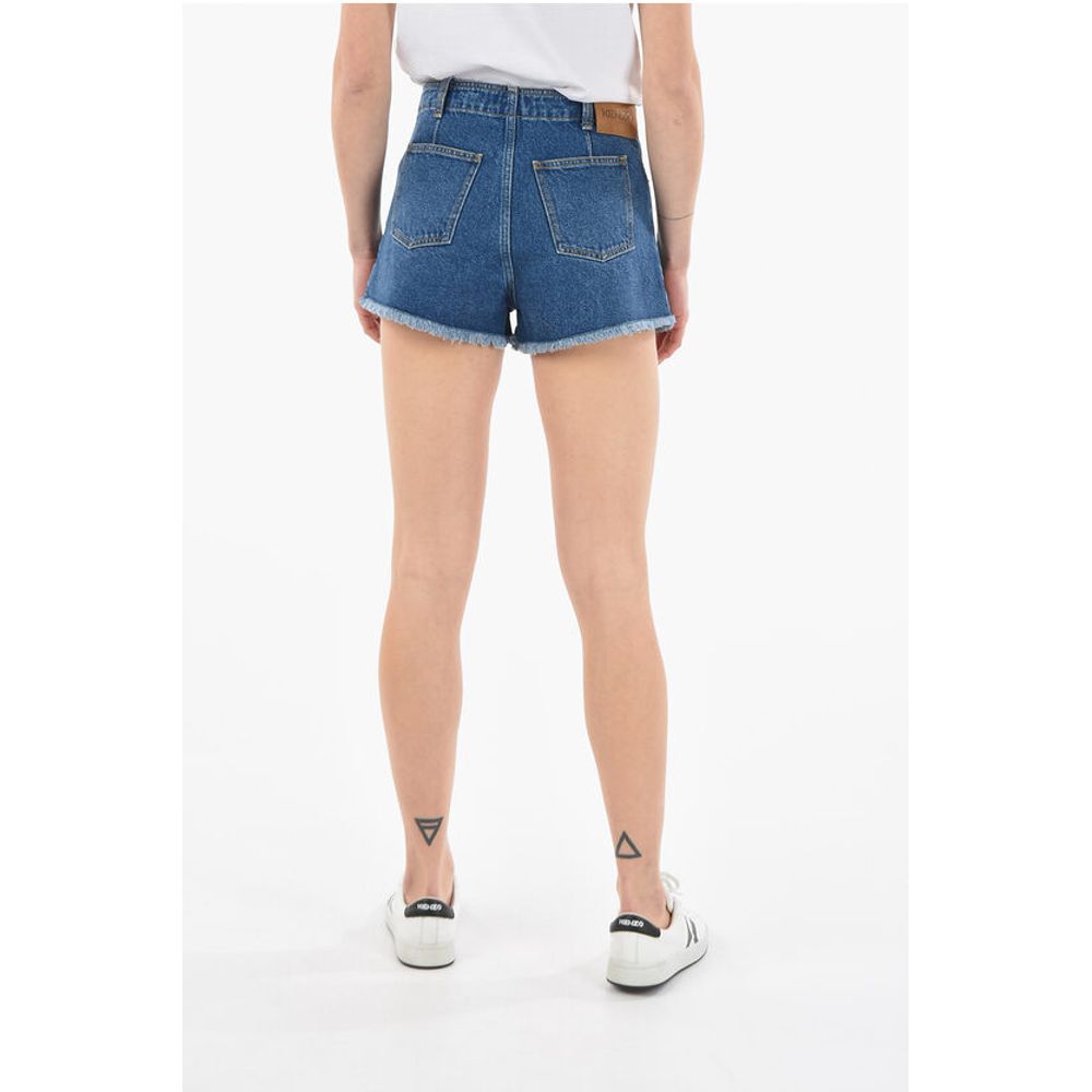 Dark-washed Denim Shorts with Fringed Hems and Lettering Log
