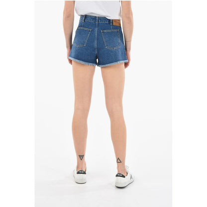 Dark-washed Denim Shorts with Fringed Hems and Lettering Log