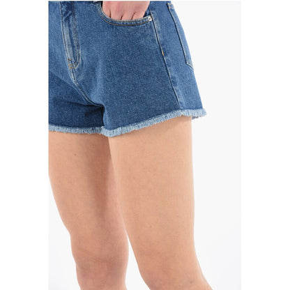 Dark-washed Denim Shorts with Fringed Hems and Lettering Log