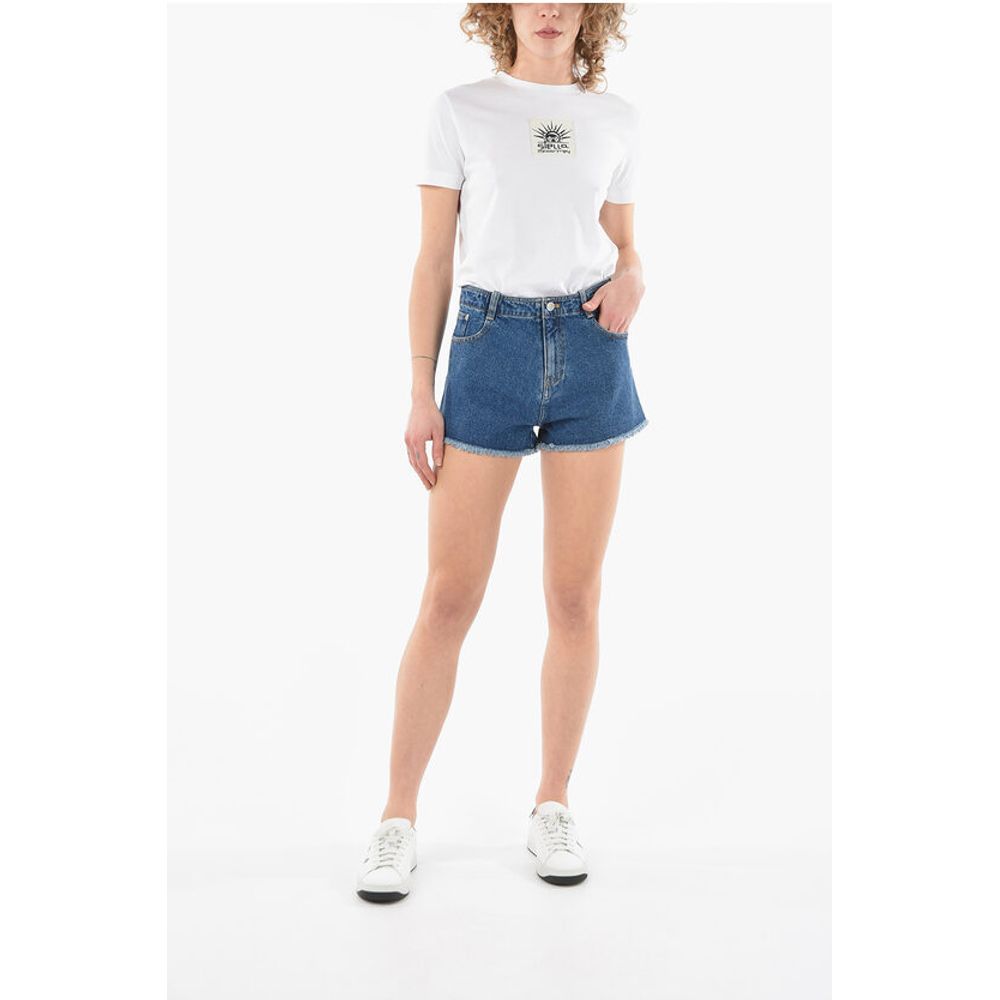 Dark-washed Denim Shorts with Fringed Hems and Lettering Log