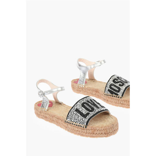 LOVE Laminated Leather Ankle Strap Sandals with Rhinestoned