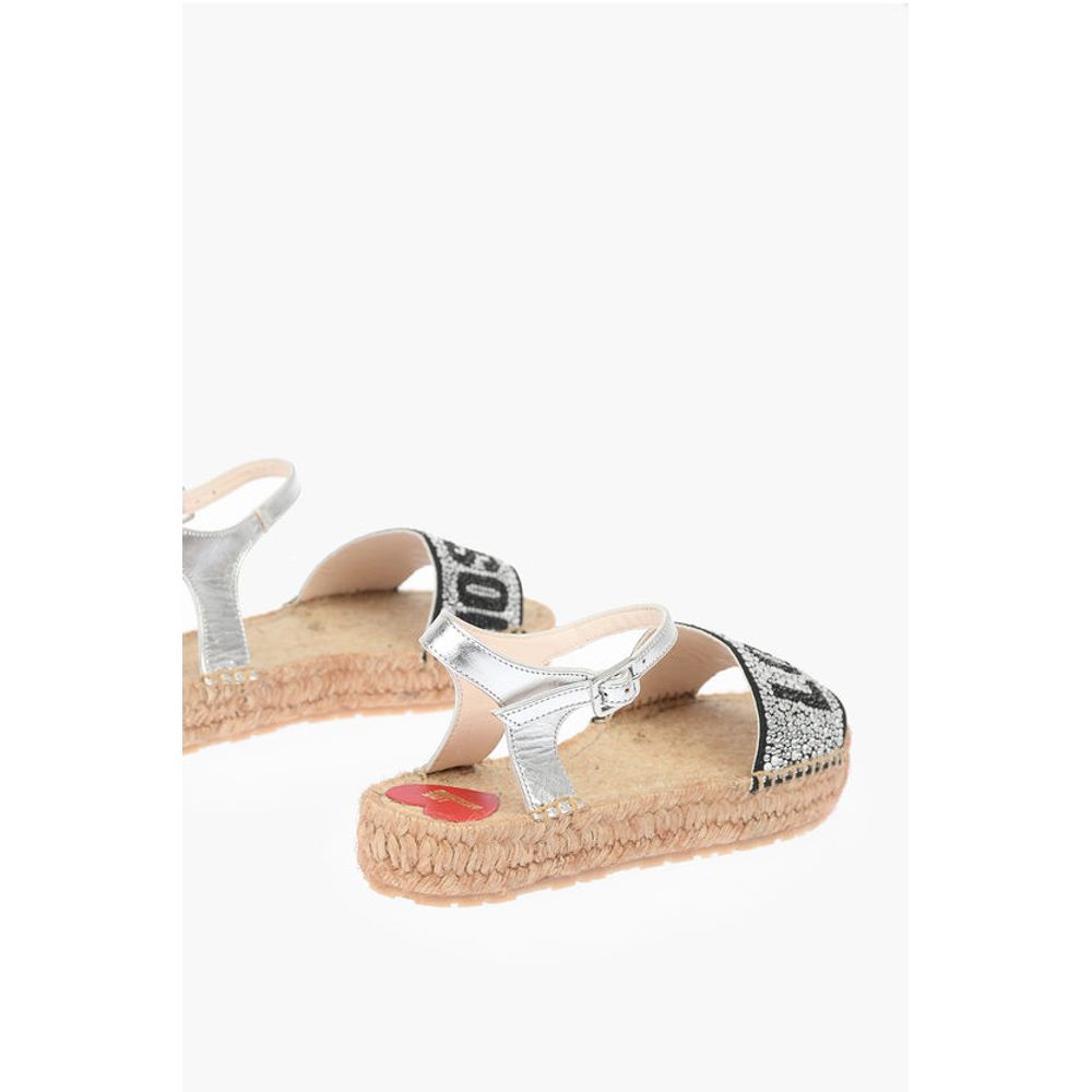 LOVE Laminated Leather Ankle Strap Sandals with Rhinestoned