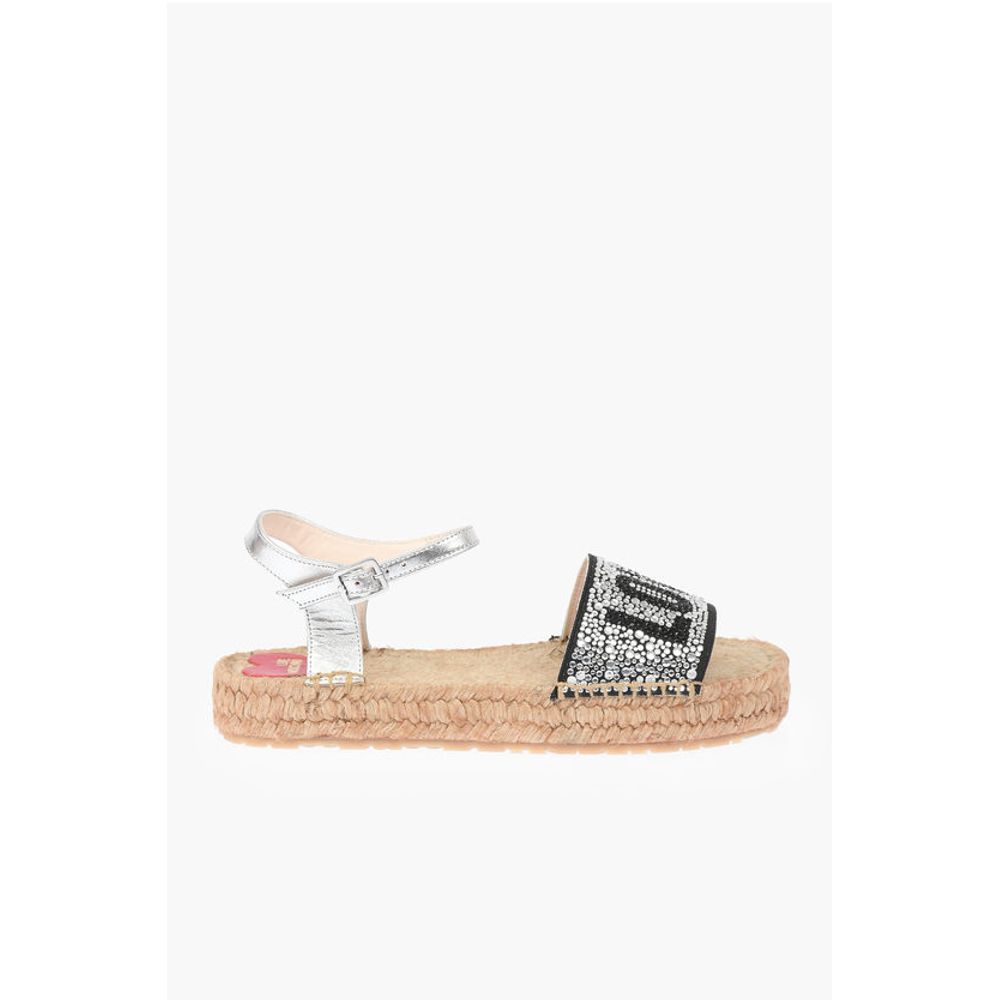 LOVE Laminated Leather Ankle Strap Sandals with Rhinestoned