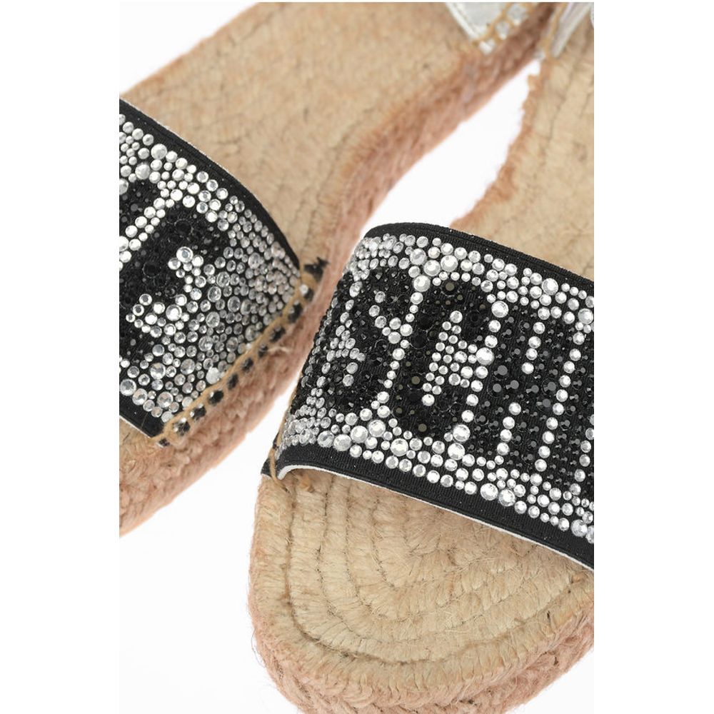 LOVE Laminated Leather Ankle Strap Sandals with Rhinestoned