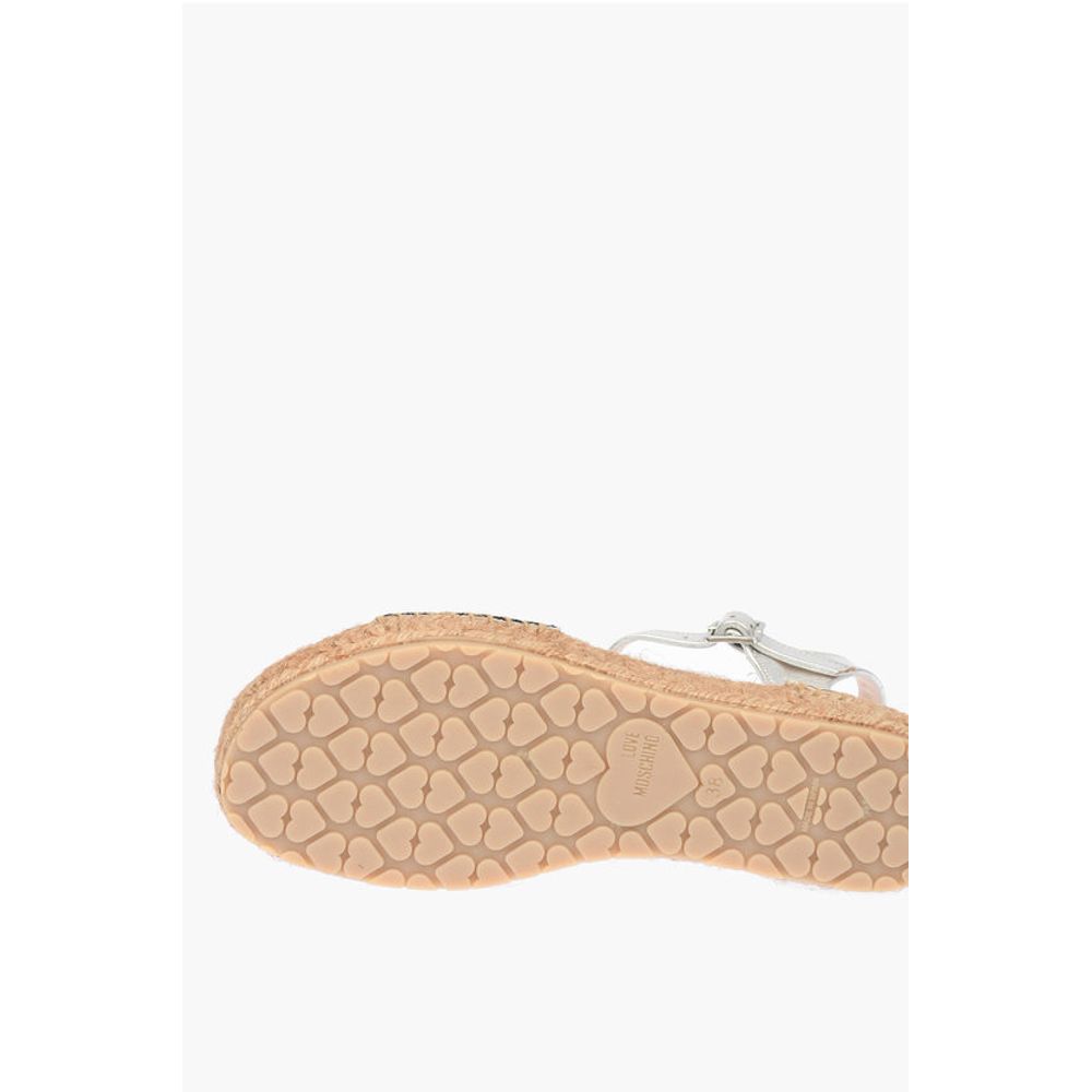 LOVE Laminated Leather Ankle Strap Sandals with Rhinestoned
