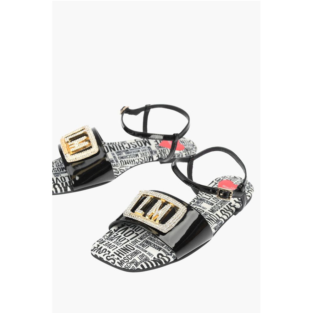 LOVE Patent Leather Flat Sandals with Logoed Jewel Detail