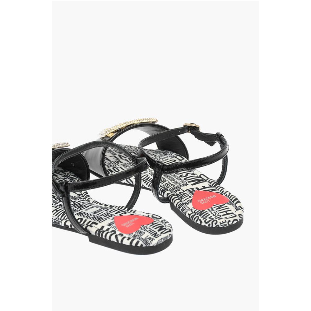 LOVE Patent Leather Flat Sandals with Logoed Jewel Detail