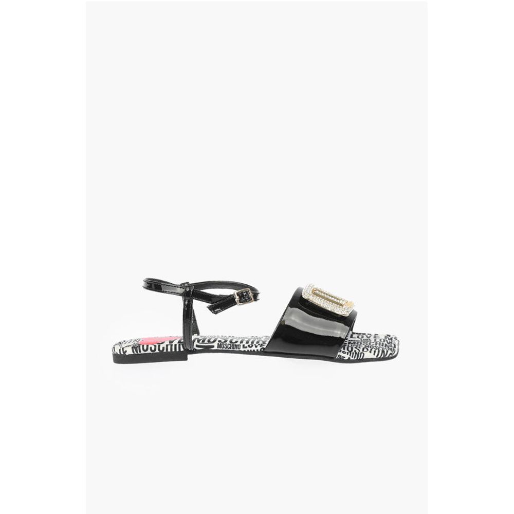LOVE Patent Leather Flat Sandals with Logoed Jewel Detail