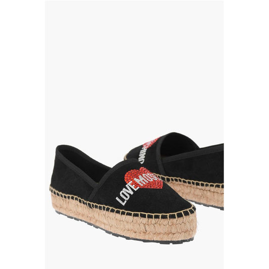 LOVE Suede Split Leather Platform Espadrilles with Strass Lo
