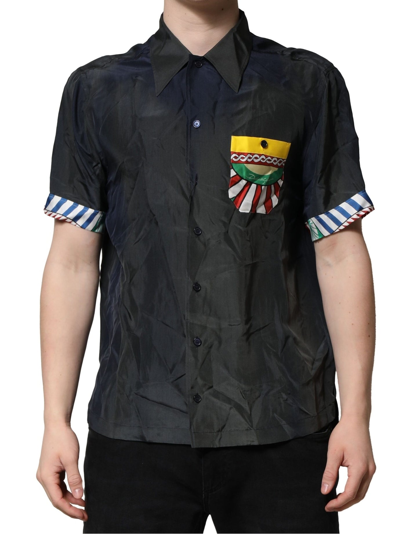 Black Silk Short Sleeves Men Casual Shirt