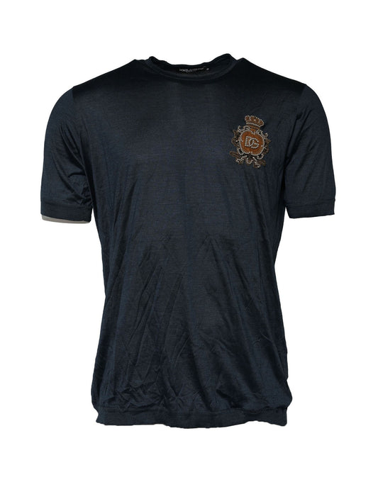 Dark Blue Silk Logo Patch Crew Neck T-shirt
