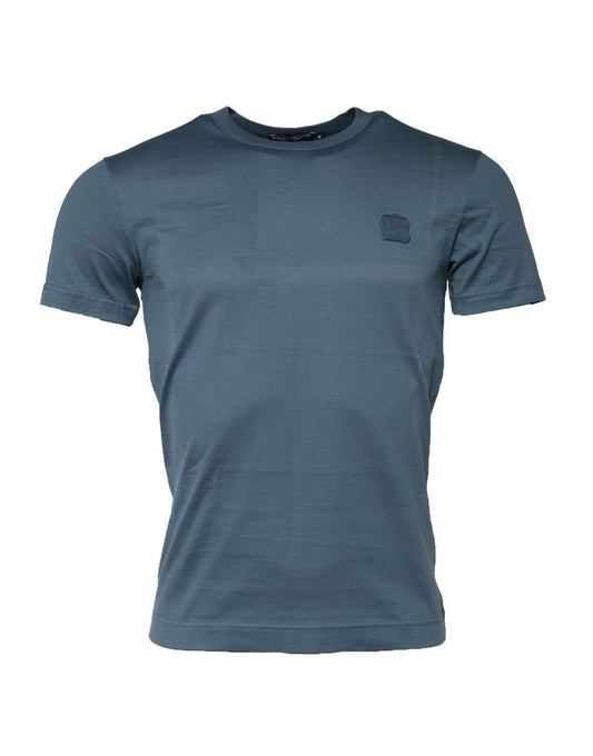 Blue Cotton Crew Neck Short Sleeves T-shirt