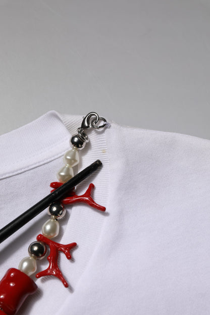 White Embellished Cotton Crew Neck T-shirt